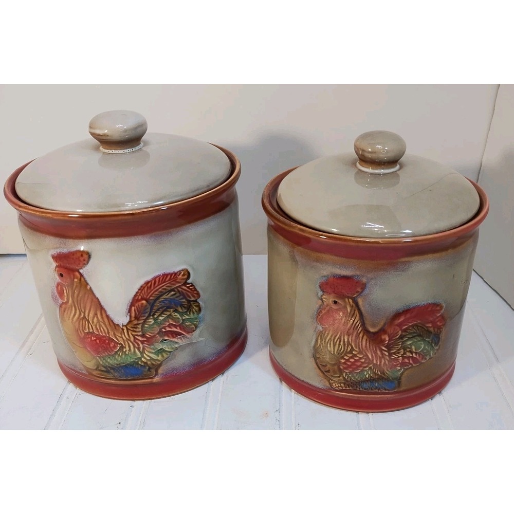 Vintage Rooster Chicken Canister Amish Glazed Kitchen Pottery Set of 2 Farmhouse